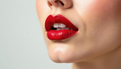 Obraz premium Close-up vibrant red lipstick, pristine white backdrop, white background, full lips