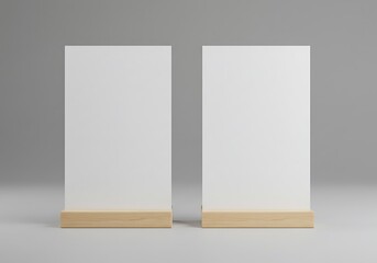 Two blank signs with wooden base mockup on gray surface