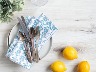 Table setting top view of plates silverware cutlery dinner service