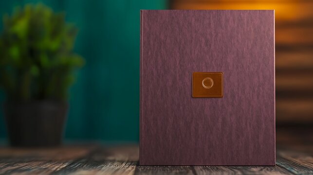 Elegant purple box with a subtle logo, placed on a wooden table, with greenery in the background
