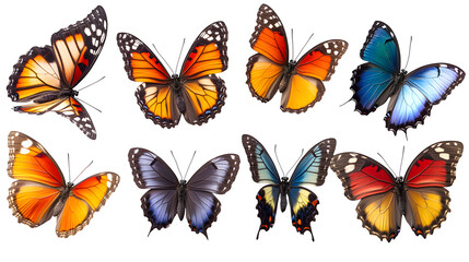 Obraz premium Group of butterflies mid-flight, various angles and colors, isolated on white background