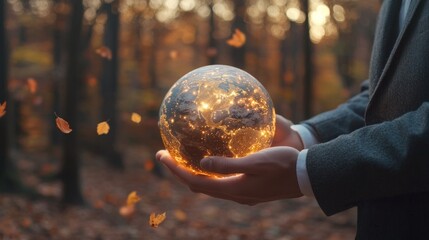 Fototapeta premium Gentle Hands Holding Illuminated Globe Amidst Autumnal Forest