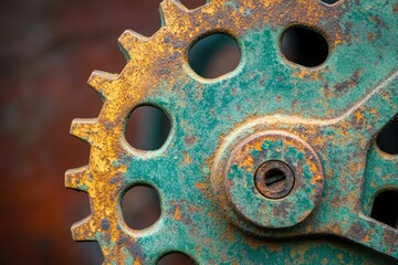 Close-up of a rusty, teal-green gear with visible wear and tear, showcasing industrial texture.