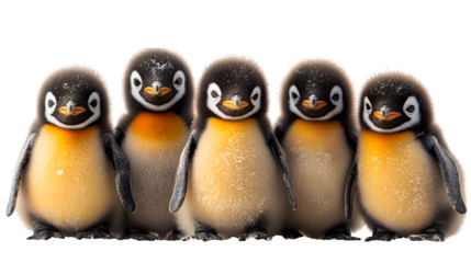 Group of emperor penguins standing in varied poses with lifelike feather detail isolated on white background