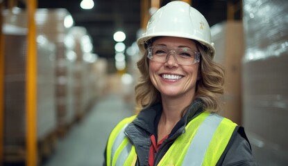 Smiling Female Warehouse Worker in Hard Hat and Safety Glasses