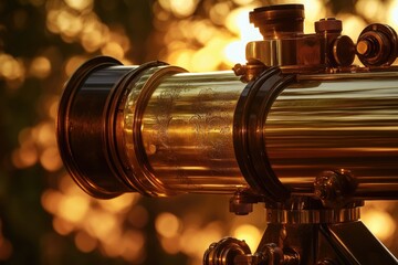 Antique brass telescope gleaming in sunset, intricate details and warm golden hues.