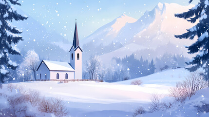 Serene church scene winter pastoral landscape. Pale Spire. Illustration