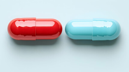 Red and Blue Capsule Pills on Light Blue Background