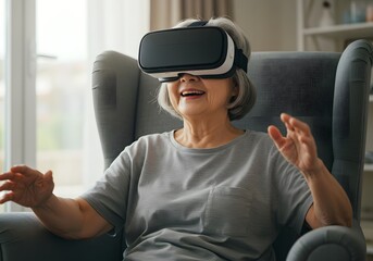 Elderly Woman Experiencing Virtual Reality VR Headset, Chair, Entertainment, Technology, Happy, Indoor.