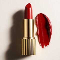 Elegant red lipstick with a swatch on a smooth surface, highlighting beauty and cosmetics