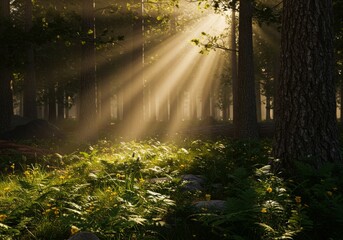 Sunlit Forest Path With Golden Rays and Mist