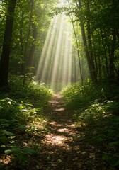 Obraz premium Sunlit Path Through Lush Green Forest