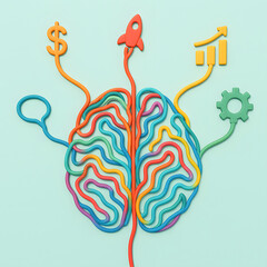 Minimalist symbolic brain showing startup mindset — gear and plant halves representing strategy and vision