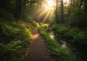 Obraz premium Sunlit Forest Path Beside a Stream