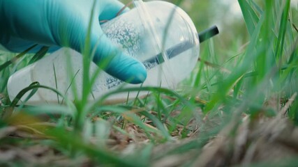 Close-up of Environmental Cleanup Volunteer Hand in Blue Rubber Gloves Picking Up Discarded Plastic Milkshake Cup from Tall Green Grass