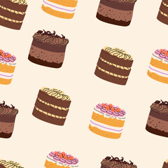 Pattern with holiday berry cupcake with meringue for stickers and decoration. Vector hand drawn elegant illustration in vintage sketch style. Cliparts for birthday, wedding valentines designs