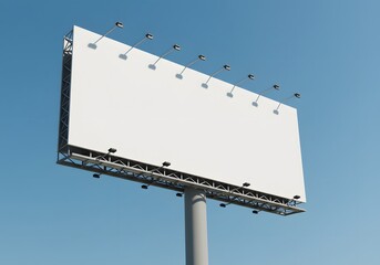 Obraz premium Blank Billboard Advertisement Mockup, Empty Signboard Against Blue Sky, Advertising Space.