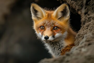 Naklejka premium A red fox kit peeks from its den, its bright eyes and orange fur contrasting with the dark earth.