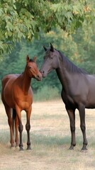Obraz premium Two Horses in a Serene Natural Setting Under a Green Tree