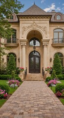 Obraz premium Elegant Beige Stone House with Grand Entrance