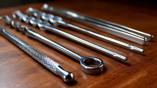Close-up of shiny silver bar tools, accessories arranged on a wooden surface for beverage preparation