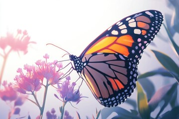 Naklejka premium A monarch butterfly delicately feeding on vibrant pink flowers in soft sunlight.