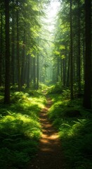 Fototapeta premium Sunlit Forest Path: Lush Green Trees and a Tranquil Trail