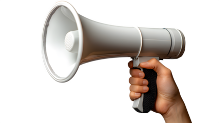 Hand holding a megaphone, isolated on white background