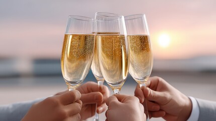 Cheerful Celebration with Sparkling Wine Toast at Sunset View