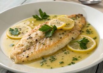 Pan-fried sole meuniere with butter and lemon gourmet kitchen culinary delight cozy dining elegant presentation