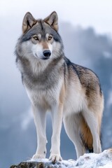Obraz premium Majestic dire wolf standing on a snowy rock in a foggy winter landscape