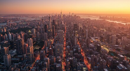 Fototapeta premium Aerial View of City Skyline at Sunset