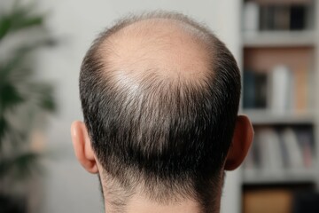 Fototapeta premium Back view of middle-aged man showing hair loss before and after treatment