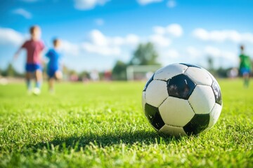 Fototapeta premium Children playing soccer with energy on sunny grass field