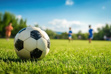 Fototapeta premium Children playing soccer with energy on sunny grass field