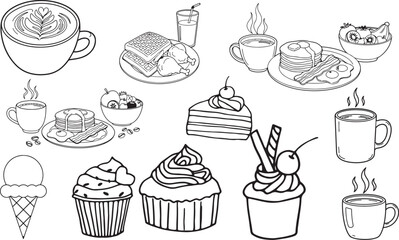 coffee cup illustration, latte art drawing, breakfast sketch, waffles and chicken illustration, pancakes drawing, fruit bowl sketch, hot coffee clipart, cupcake illustration, dessert drawing, cake sli