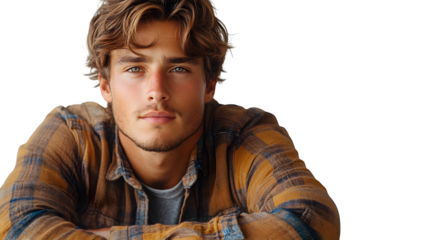 Handsome young man in casual outfit, sitting pose, isolated on white background