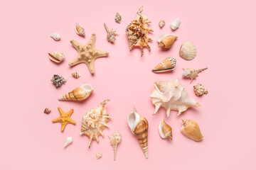 Frame made of many different seashells and starfishes on pink background