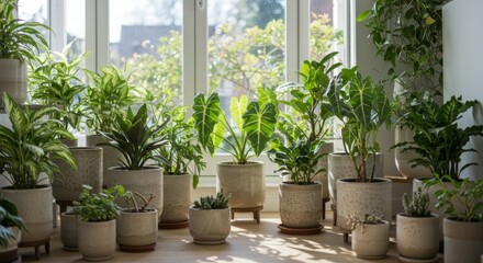 Sunlit Room with Lush Green Potted Plants