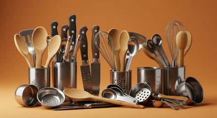 Wooden and Metal Kitchen Utensils on Brown Background