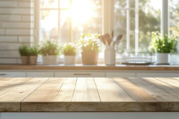 Wooden kitchen countertop with blurred sunlit background for product display