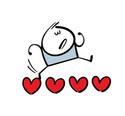 Vector illustration of a bad habit. Doodle man smokes, releases rings of poisonous smoke. The stickman holds a cigarette. Cartoon doodle character isolated on white background.