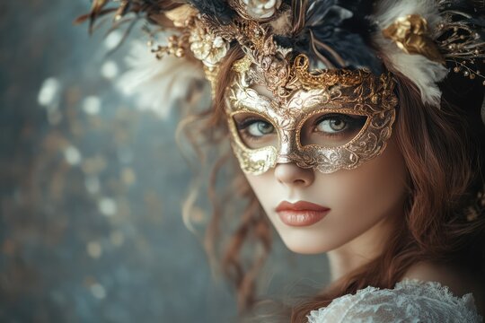 Elegant woman wearing Venetian mask at masquerade ball