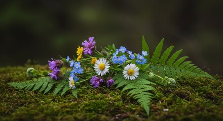 Obraz premium Wildflower Bouquet on Mossy Surface