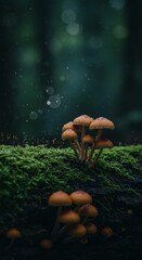 Fototapeta premium Cluster of Brown Mushrooms on Mossy Log in Dark Forest
