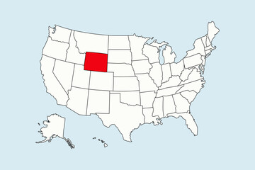 Wyoming highlighted in USA map isolated on blue background