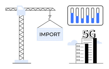 Crane lifting an import container, chart with bar data, and 5G-enabled building. Ideal for trade, global commerce, technology, 5G networks, logistics, data analytics simple landing page