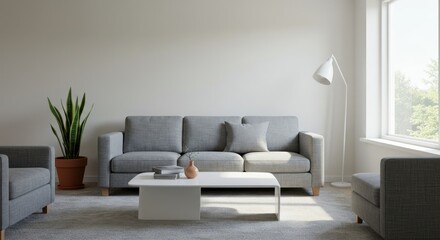 Bright living room with gray sofa armchair coffee table and plant.