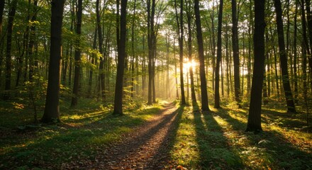 Sunlit Forest Path at Golden Hour