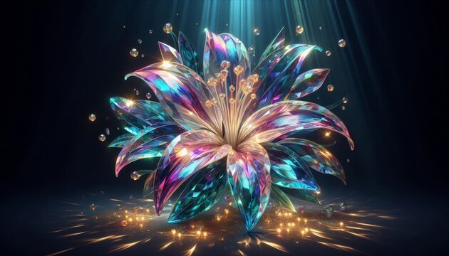 Crystal Flower  shining with light beams coming down 